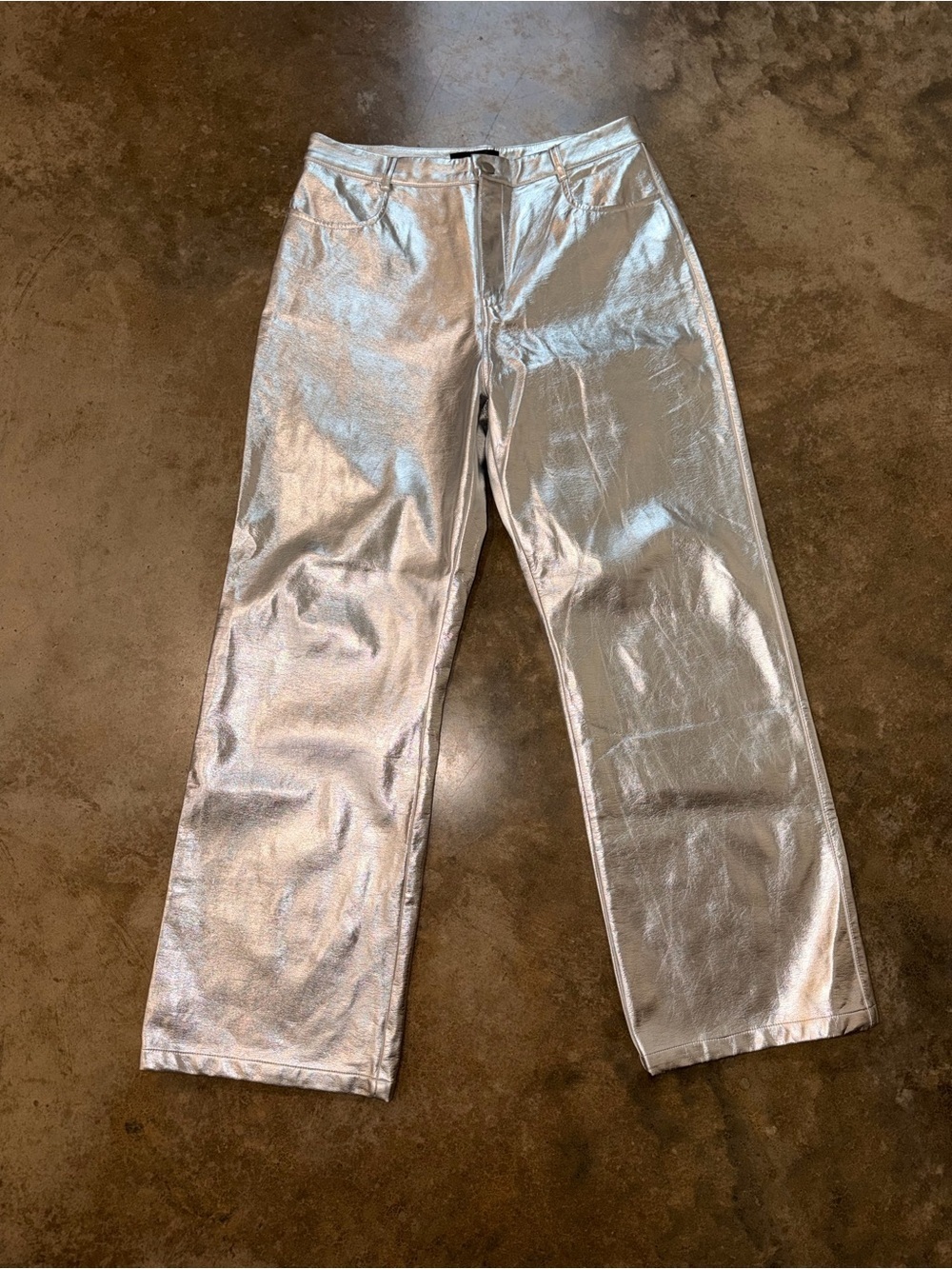 White Fox Boutique Silver Metallic High Rise Pants Wide Leg Size L Concert